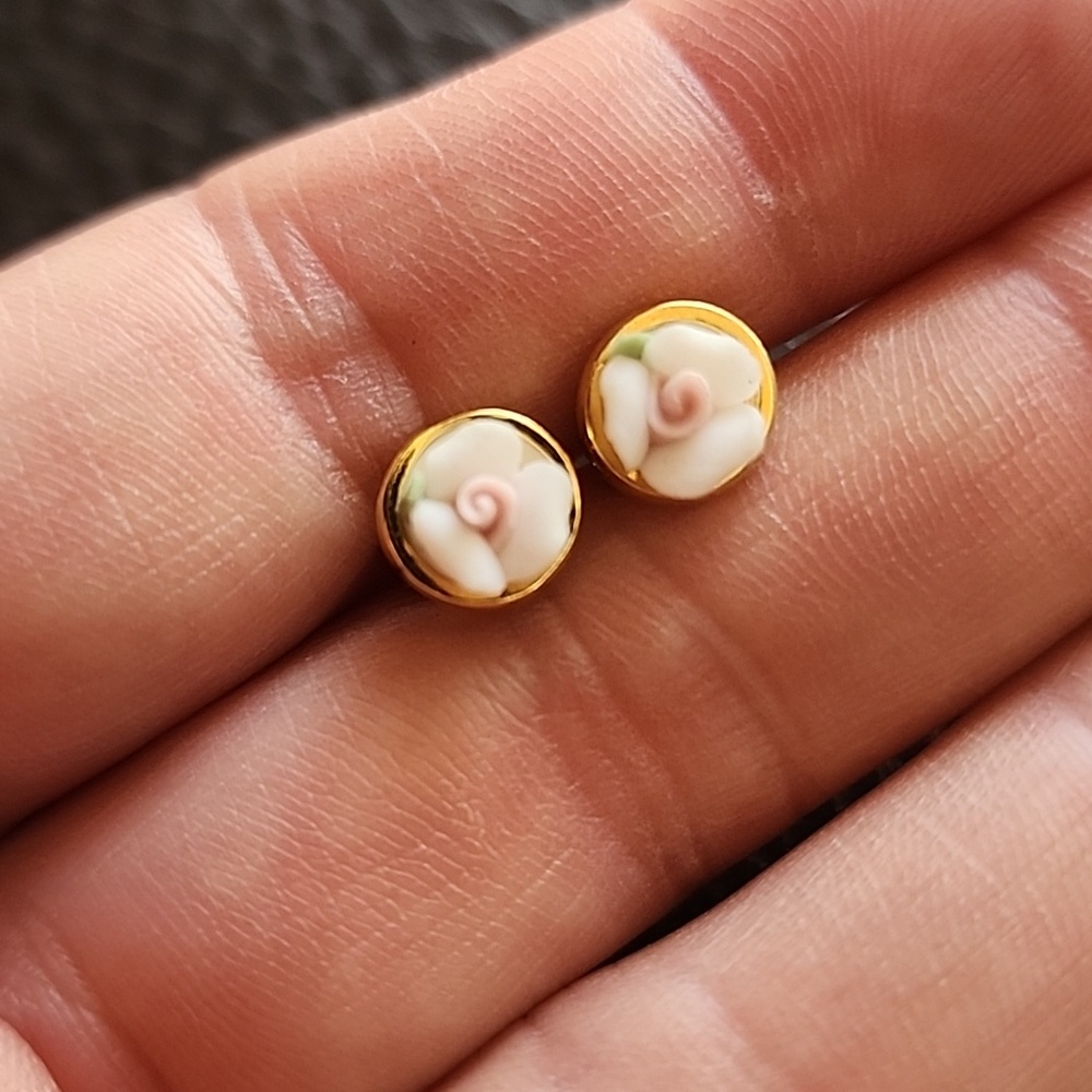 Delicate Pink Porcelain Rose Stud Earrings - Gold Trim